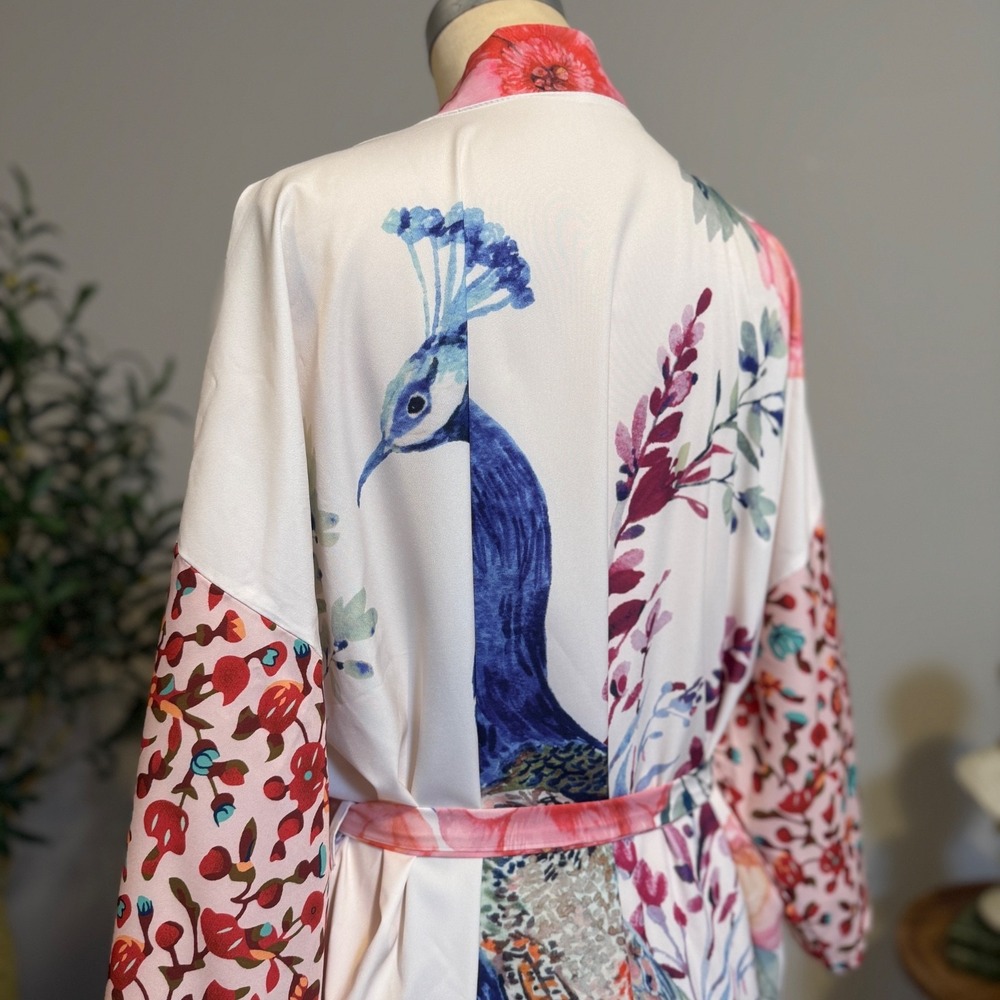 Peacock Floral Satin Kimono Robe One Size Belted Long Duster Cover Up Loungewear - Picture 10 of 15